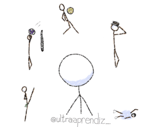 Pessoa stick com sticks em volta, em poses esportivas