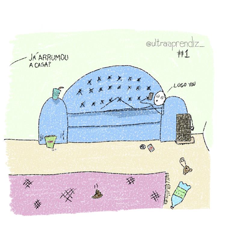 boneco stick em procrastinação, com a casa desarrumada, mexendo no celular e deitado no sofá