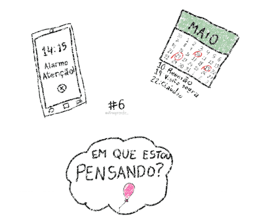 Alarme de celular, calendário e balão escrito "em que estou pensando?"